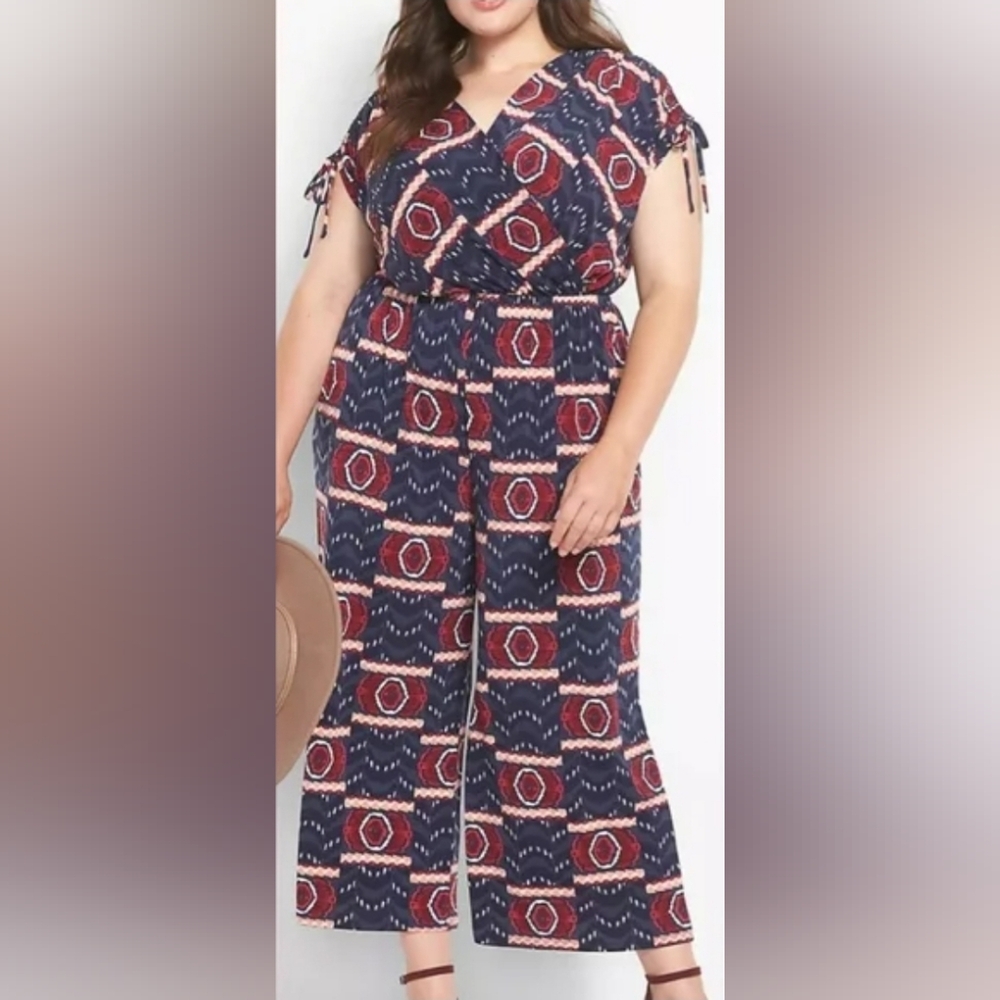 Lane Bryant Blue and Red Geometric Jumpsuit